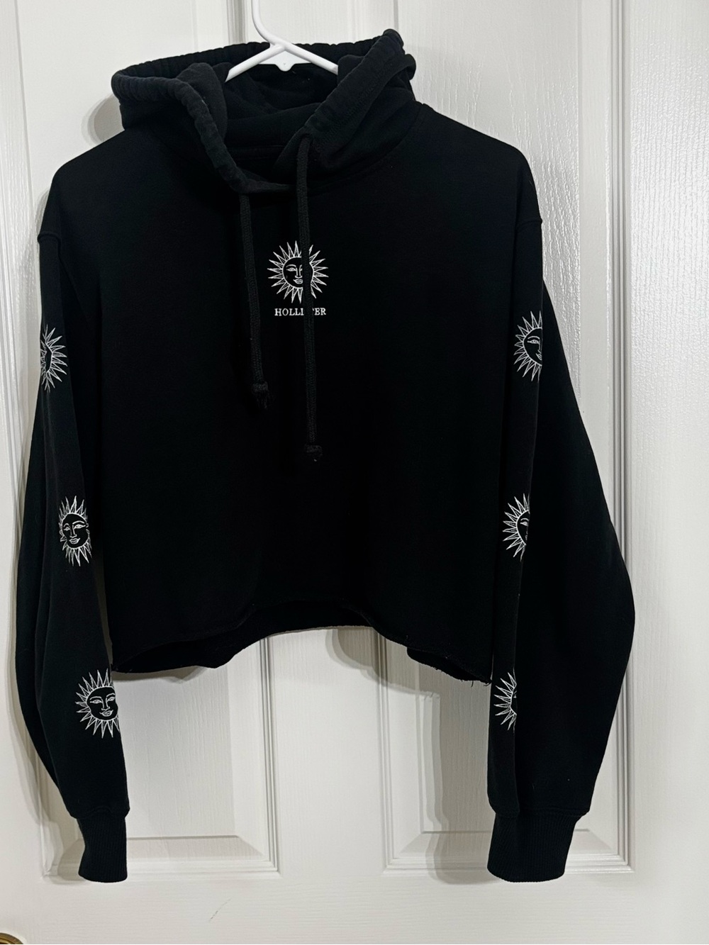 Hollister California Black Cropped Hoodie with Embroidered Sun Faces - Size S